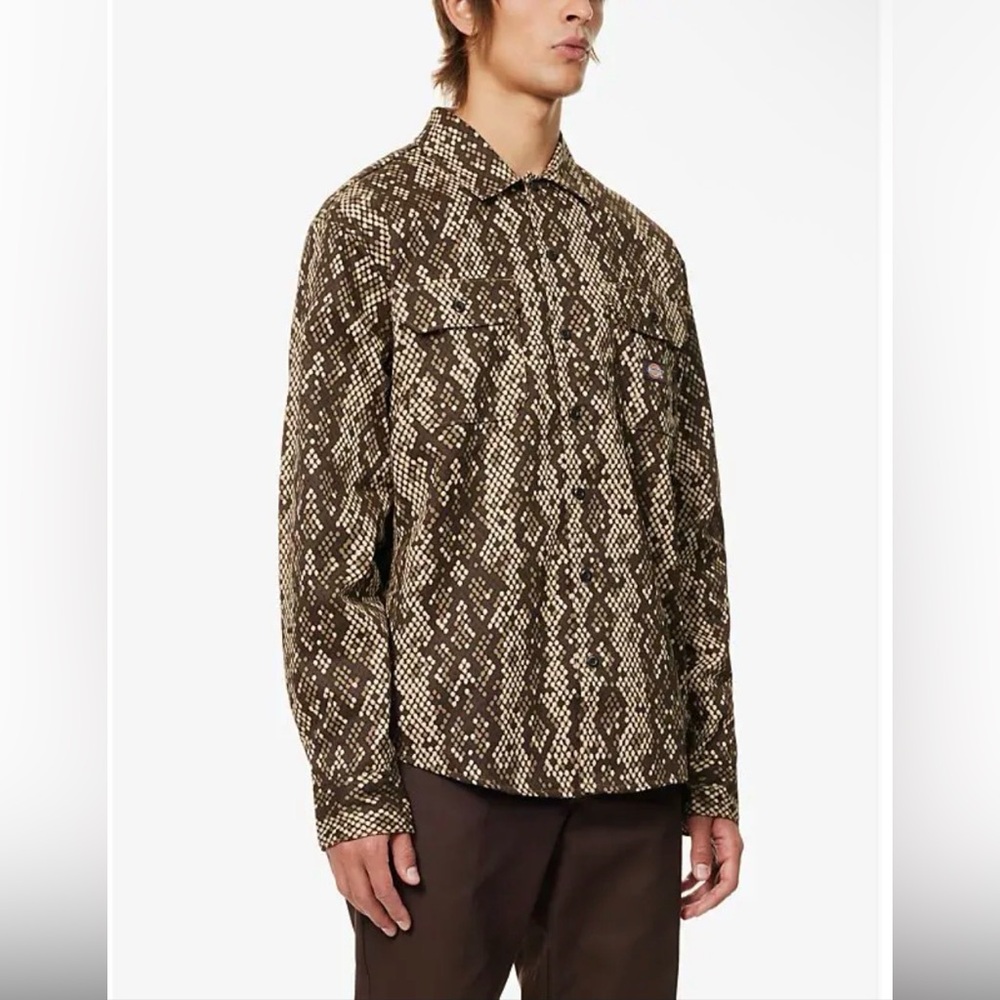 Dickies Camden tan brown button up down mens snake Print Shirt shacket NWT